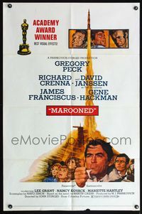 4h642 MAROONED awards style 1sh '69 Gregory Peck & Gene Hackman, great Terpning cast & rocket art!