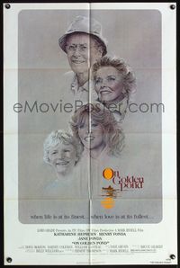 4h741 ON GOLDEN POND 1sh '81 art of Katharine Hepburn, Henry Fonda, and Jane Fonda by C.D. de Mar!