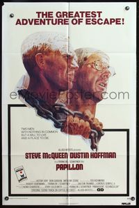 4h756 PAPILLON Allied Artists 1sh '73 great art of Steve McQueen & Dustin Hoffman by Tom Jung!