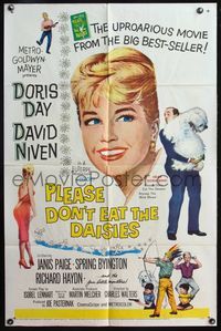4h779 PLEASE DON'T EAT THE DAISIES 1sh '60 artwork of pretty smiling Doris Day, David Niven w/dog!