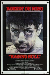 4h806 RAGING BULL 1sh '80 Martin Scorsese, classic close up boxing image of Robert De Niro!