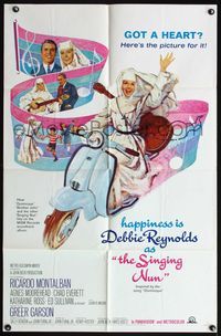 4h872 SINGING NUN 1sh '66 great artwork of Debbie Reynolds with guitar riding Vespa!