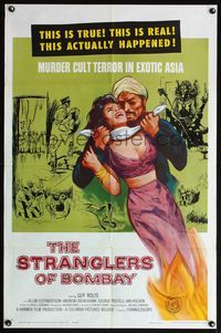 4h899 STRANGLERS OF BOMBAY 1sh '60 wild artwork of berserk murder cultist strangling woman!