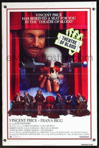 4h921 THEATRE OF BLOOD 1sh '73 great art of Vincent Price holding bloody skull w/dead audience!