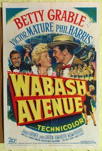 4h972 WABASH AVENUE style A 1sh '50 artwork of Betty Grable & Victor Mature smiling at each other!
