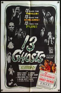 4j027 13 GHOSTS black style 1sh '60 William Castle, great art of all the spooks, ILLUSION-O!