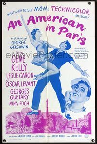 4j055 AMERICAN IN PARIS 1sh R63 artwork of Gene Kelly dancing with Leslie Caron!