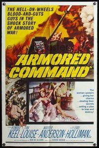 4j072 ARMORED COMMAND 1sh '61 Burt Reynolds' first movie, art of tank on battlefield!