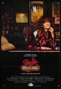 4j090 BAJA OKLAHOMA 1sh '88 leather-skirted country music singer Lesley Ann Warren laying on bar!