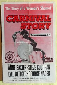 4j167 CARNIVAL STORY 1sh R60 sexy Anne Baxter held by Steve Cochran who she loves real bad!