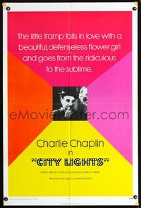 4j181 CITY LIGHTS 1sh R72 close-up of wacky Charlie Chaplin!