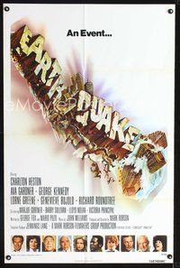 4j234 EARTHQUAKE 1sh '74 Charlton Heston, Ava Gardner, cool Joseph Smith disaster title art!