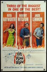 4j262 FIRE DOWN BELOW 1sh '57 sexy Rita Hayworth, Robert Mitchum, Jack Lemmon