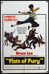4j271 FISTS OF FURY 1sh '73 Bruce Lee gives you the biggest kick of your life, great kung fu image!