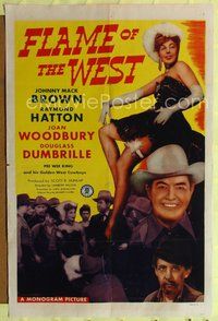 4j272 FLAME OF THE WEST 1sh '45 Johnny Mack Brown & sexy saloon girl Joan Woodbury in wild hat!