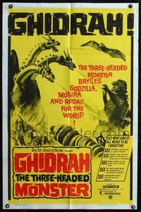 4j288 GHIDRAH THE THREE HEADED MONSTER 1sh '65 Toho, he battles Godzilla, Mothra, and Rodan!