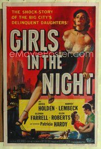 4j293 GIRLS IN THE NIGHT 1sh '53 great image of barely dressed sexy bad girl Joyce Holden w/beret!