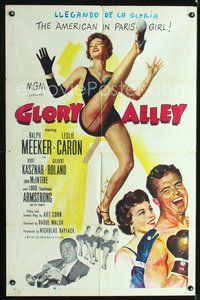 4j296 GLORY ALLEY 1sh '52 boxer Ralph Meeker, sexy Leslie Caron + Louis Armstrong playing trumpet!