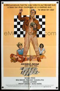 4j306 GREASED LIGHTNING 1sh '77 great art of race car driver Richard Pryor by Noble!