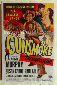 4j322 GUNSMOKE 1sh '53 full-length art of Audie Murphy, a hired gunslinger in a lawless land!