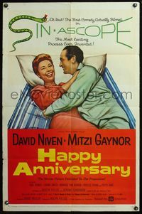 4j327 HAPPY ANNIVERSARY 1sh '59 great romantic art of David Niven & Mitzi Gaynor in bed!