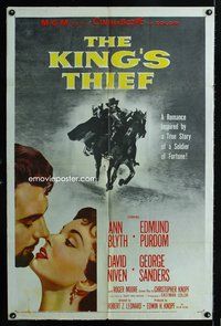 4j419 KING'S THIEF 1sh '55 Ann Blyth romancing Edmund Purdom & art of masked Purdom!