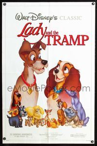 4j431 LADY & THE TRAMP 1sh R86 Walt Disney romantic canine classic cartoon, art of cast!