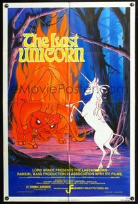 4j456 LAST UNICORN 1sh '82 cool fantasy artwork of unicorn & giant flaming bull!