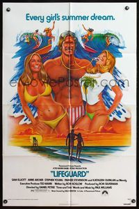 4j476 LIFEGUARD 1sh '76 artwork of barechested Sam Elliot with sexy beach babes by Roger Huyssen!