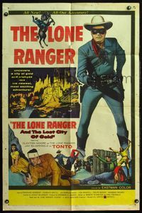 4j491 LONE RANGER & THE LOST CITY OF GOLD 1sh '58 masked Clayton Moore & Tonto!