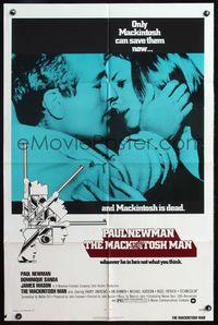 4j519 MACKINTOSH MAN 1sh '73 Paul Newman & Dominique Sanda kiss close up, directed by John Huston!