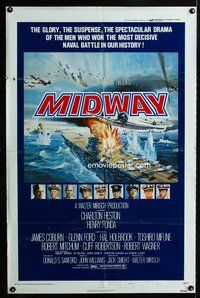 4j558 MIDWAY style B 1sh '76 Charlton Heston, Henry Fonda, cool battleship artwork!