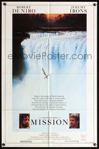 4j568 MISSION 1sh '86 Robert De Niro, Jeremy Irons, cool waterfall artwork!