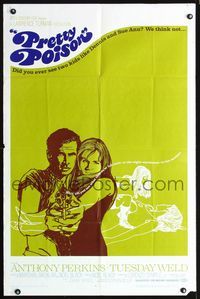 4j719 PRETTY POISON 1sh '68 cool artwork of Anthony Perkins & psycho Tuesday Weld!