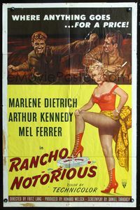 4j738 RANCHO NOTORIOUS 1sh '52 Fritz Lang directed, art of sexy Marlene Dietrich showing leg!