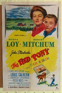 4j741 RED PONY 1sh '49 Robert Mitchum is Myrna Loy's ranch hand, written by John Steinbeck!
