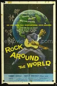 4j756 ROCK AROUND THE WORLD 1sh '57 early rock & roll, great artwork of Tommy Steele!