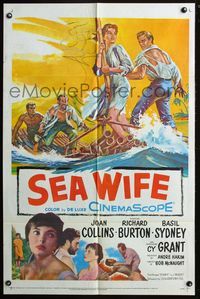 4j766 SEA WIFE 1sh '57 Joan Collins, Richard Burton, cool castaway artwork!