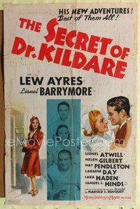 4j770 SECRET OF DR. KILDARE 1sh '39 Lew Ayres, Lionel Barrymore, art of pretty nurse Laraine Day!