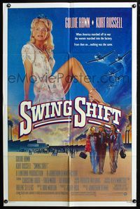 4j873 SWING SHIFT 1sh '84 sexy full-length Goldie Hawn, Kurt Russell, airplane art!