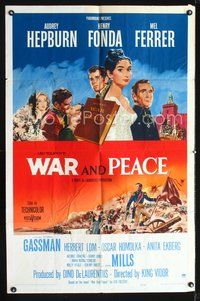 4j975 WAR & PEACE 1sh '56 art of Audrey Hepburn, Henry Fonda & Mel Ferrer, Leo Tolstoy epic!
