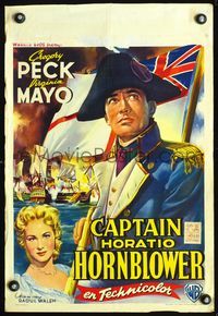 4k025 CAPTAIN HORATIO HORNBLOWER Belgian '51 wonderful art of captain Gregory Peck, Virginia Mayo!