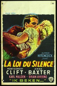 4k064 I CONFESS Belgian '53 Alfred Hitchcock, cool art of Montgomery Clift embracing Anne Baxter!