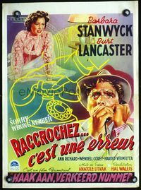 4k130 SORRY WRONG NUMBER Belgian '48 different art of worried Burt Lancaster & Barbara Stanwyck!