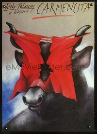 4k515 CARMENCITA Polish 26x37 '90s cool Andrzej Pagowski art of bull w/torn red cape on face!
