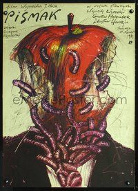4k551 PISMAK apple style Polish 26x36'84 creepy Andrzej Pagowski art of worm-infested applehead man!