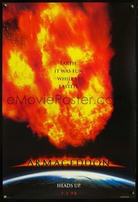 4m155 ARMAGEDDON DS teaser 1sh '98 Bruce Willis, Ben Affleck, cool image of meteor over Earth!