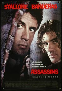 4m164 ASSASSINS DS 1sh '95 cool image of Sylvester Stallone, Antonio Banderas & Julianne Moore!