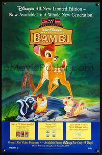 4m188 BAMBI video advance 1sh R97 Walt Disney cartoon deer classic, great image of forest animals!
