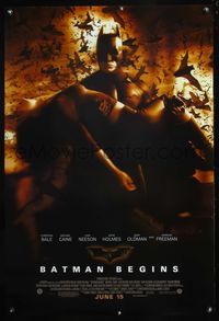 4m199 BATMAN BEGINS DS June 15 advance 1sh '05 Bale as the Caped Crusader carrying Katie Holmes!